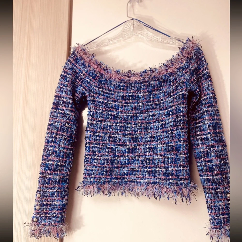 Zara textured pink metallic fibers stretching tweed frayed hem long sleeves top - Picture 14 of 15